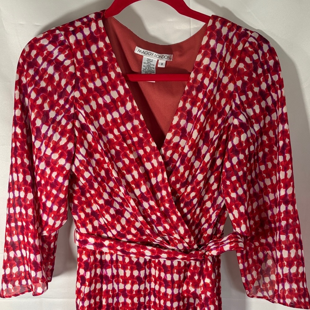 Maggy London Red and White Wrap Dress SZ 8 - Picture 2 of 7